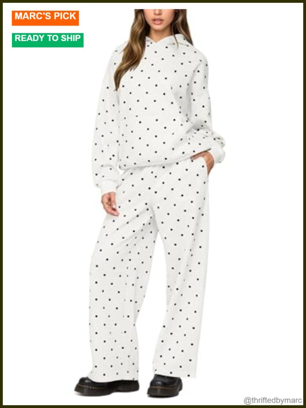 Polka Dot Hoodie & Sweatpants Set Women Oversized Fleece Lined 2 Piece Lounge